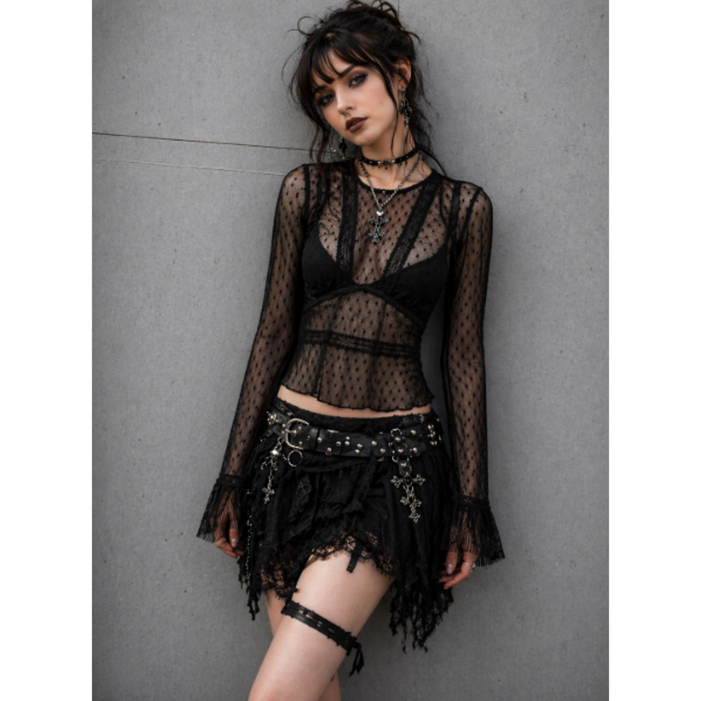 Forever 21 Black Sheer Mesh Lace Long Sleeve Top Size S Y2K Gothic Fairy Grunge